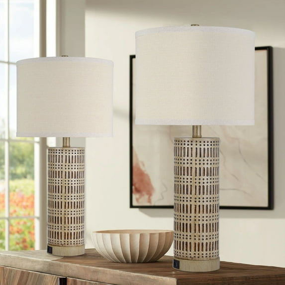 2 Pack 27'' Tall Rustic Brown Textured Bedside Lamps, 9W Living Room Lamps With USB A + Type C Charge Ports, 3000K Warm White Side Table Lamp With Linen Shade, Resin Night Lamp For Bedroom, Entryway