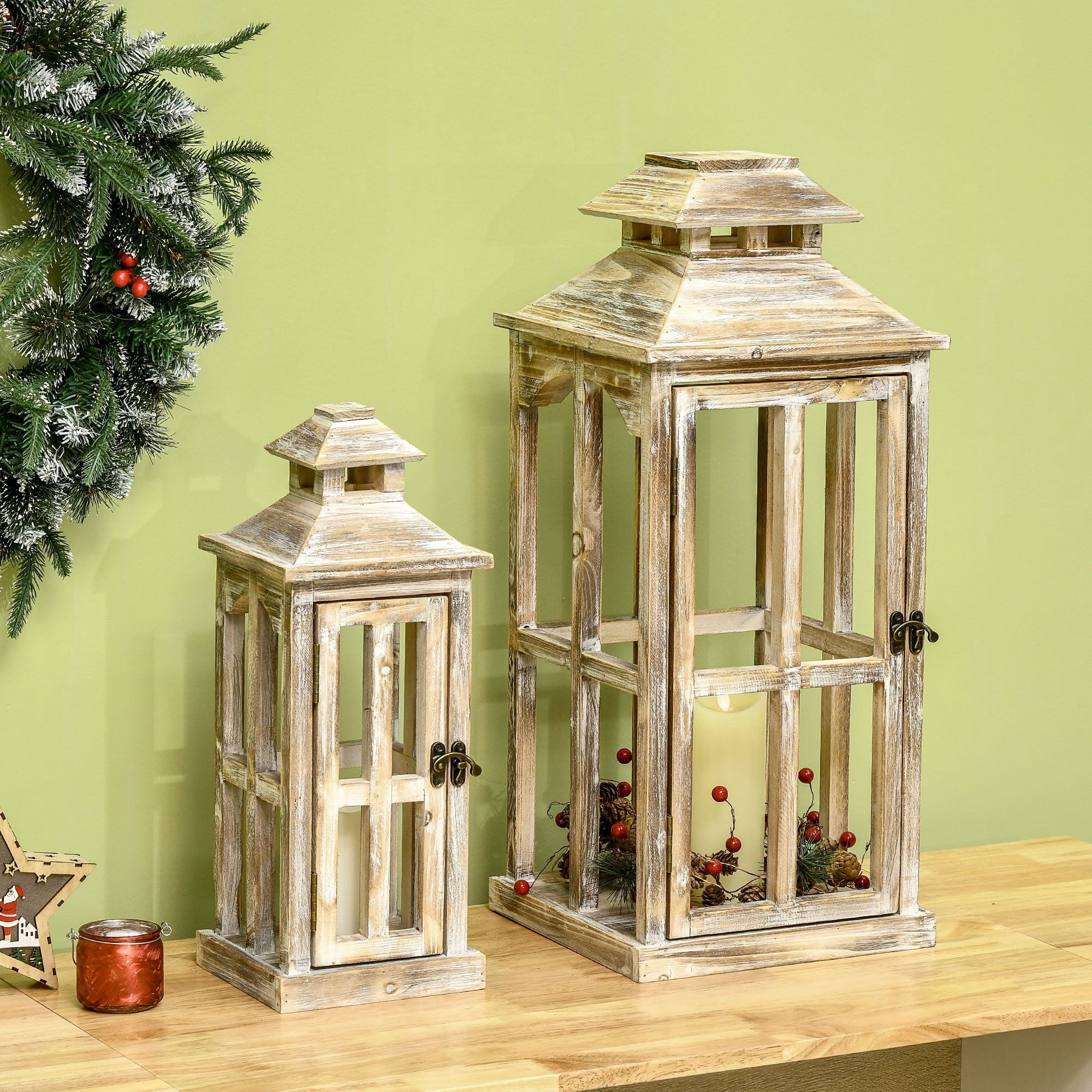 2 Pack 28"/20" Large Rustic Wooden Lantern Decorative, Indoor/Outdoor Lantern for Home Decor (No Glass), Natural