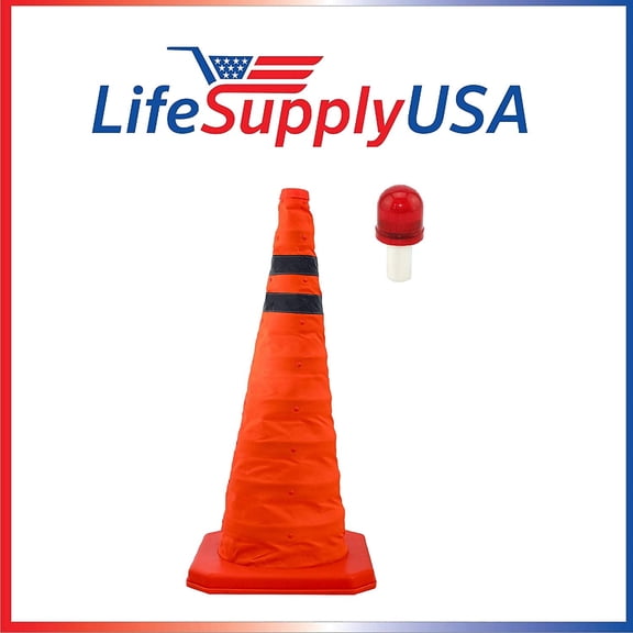 (2-Pack) 28'' Collapsible Traffic Cone with LED Light Lamp Topper, Reflective Multi-Purpose Extendable Road Safety Cone by LifeSupplyUSA