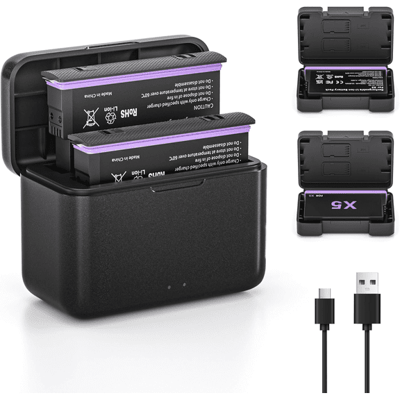 2 Pack 2800mAh Battery and 2-Channel Fast Charger Box for Insta360 X5, Replacement Battery Pack and Charger for Insta 360 X5 Action Camera(2 Batteries+ Charging Box)