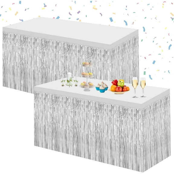 2 Pack 29.5x108 Inch Silver Foil Tinsel Fringe Table Skirts, Disposable Table Skirts for Rectangle Tables Curtains Backdrop Parade Wedding Floats Baby Shower Birthday Mardi Gras Party