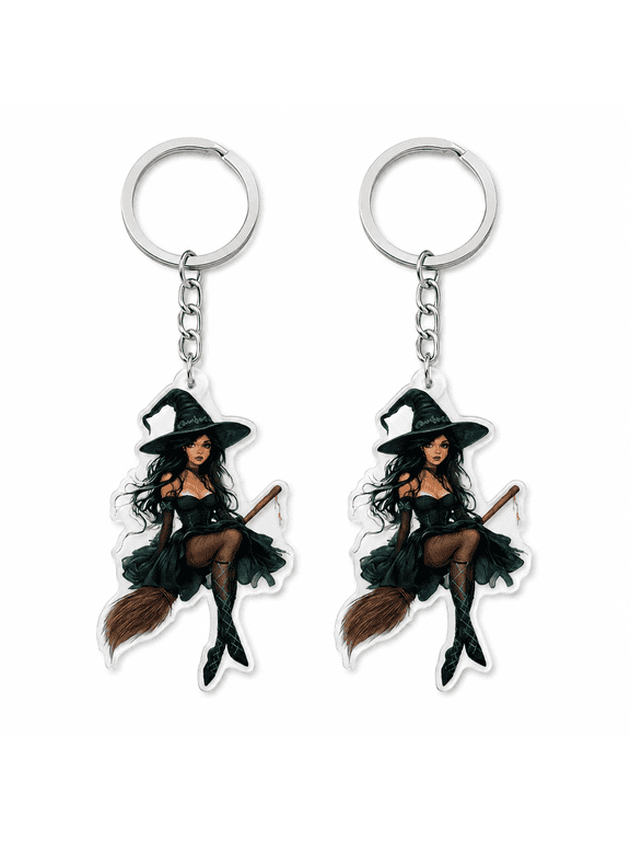 2-Pack 2D Witch Keychains, Black Witch Decorative Bag Charms with Acrylic Pendant, Halloween Backpack Pendant Car Rearview Mirror Ornaments, Gothic Witch Accessories for Keys, Purse, Handbag and Car