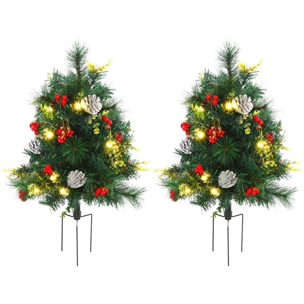 2-Pack 2FT Pre-Lit Artificial Christmas Trees - 24 Warm White Lights, Decorated with Berries/Pinecones/Balls, Indoor/Outdoor Decor