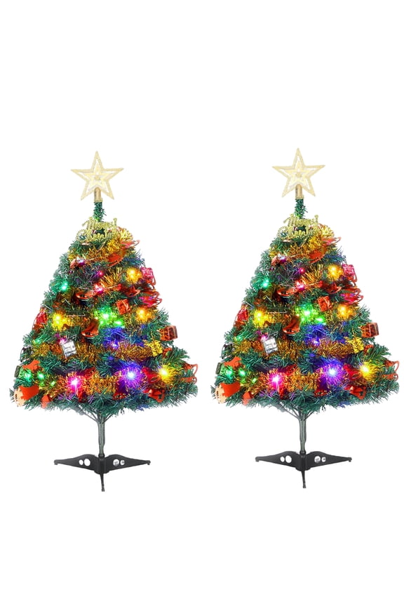 [2 Pack] 2ft Tabletop Xmas Tree with Multi-Color LED String Lights Artificial Small Christmas Tree with Pine Cones Christmas Balls Ornaments, 24 inch Mini Christmas Tree for Holiday Party Xmas Decor