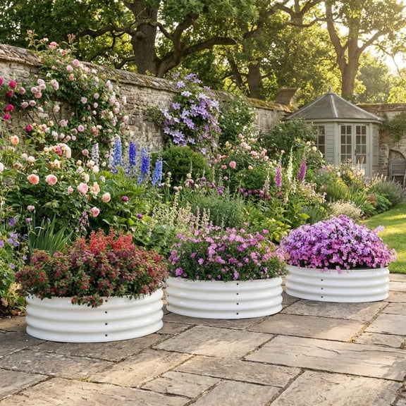 2 Pack 2x2x1ft Round Galvanized Steel Raised Garden Bed, Rust-Resistant Planter with Safe Rubber Edges, Quick Assembly for Vegetables & Outdoor Landscaping, White