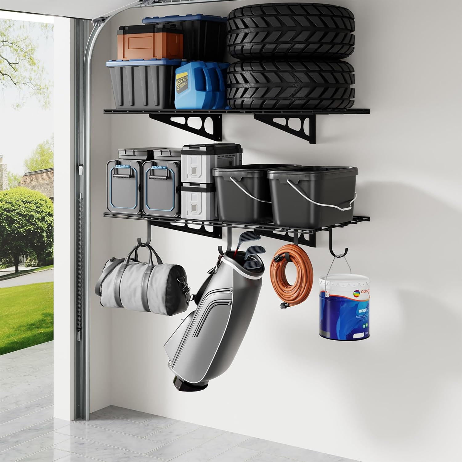 2-Pack 2x4ft Garage Shelving with Hooks, 24-inch-by-48-inch Wall Shelf ...
