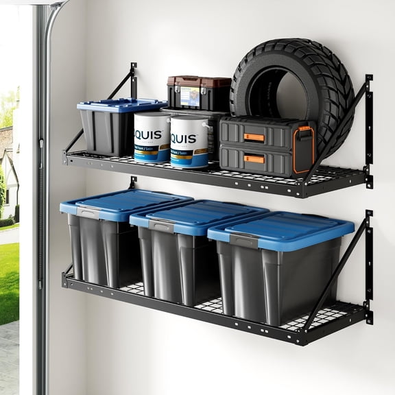 2-Pack 2x4ft Garage Wall Shelving - Heavy Duty Storage Rack, 660lbs Load Capacity with Brace Guardrail, Organization System for Tools, Bins, Utility Room, Pro Series
