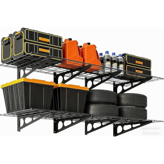 2 Pack 2x6 FT Garage Shelves Wall Mounted, 1600 lbs Heavy Duty Storage Shelving with Adjustable Distance, Floating Wall Shelf for Garage Organization, Kitchen, Laundry ANG Tool Room,Black