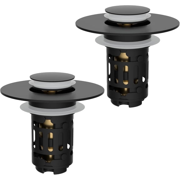 2 Pack 3 in 1 Bathroom Sink Drain Strainer, Universal Pop Up Stopper with Removable Stainless Steel Filter Basket Hair Catcher, Sink Plug for 1.1''~2.36'' Basin, Brass Bullet Core, Matte Black