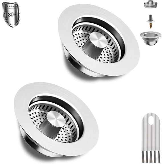 2 Pack 3 in 1 Kitchen Sink Drain Strainer & Sink Stopper, Upgraded Stainless Steel Drain Plug Combo with Anti-Clog Basket, Pop Up Drain Cover for Standard 3-1/2'',Garbage Disposal