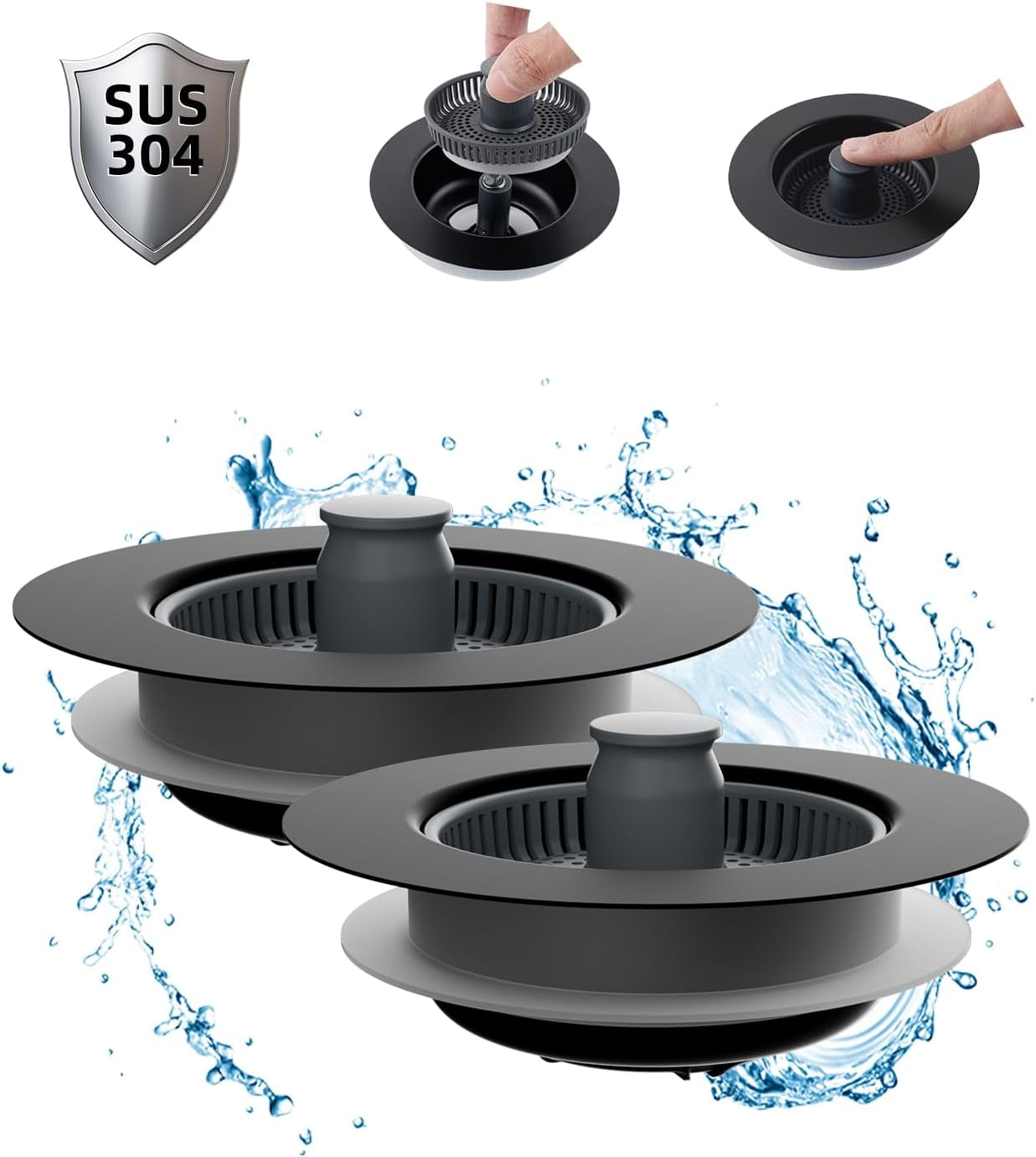 2 Pack 3 in 1 Kitchen Sink Drain Strainer and Stopper Combo, Stainless Steel Metal Pop Up Sink Stopper, Anti-Clogging Basket Strainer with Handle for US Standard 3-1/2 Inch Drain, Black