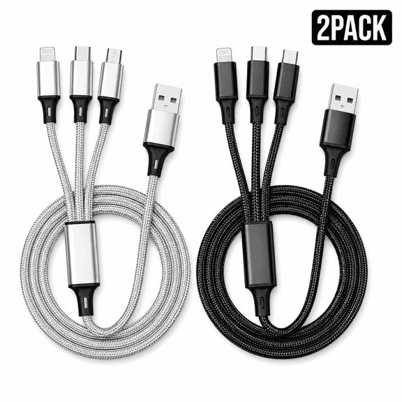 2 Pack 3 in 1 Multi Charging Cable, Nylon Braided USB Charger Cord for USB-C, Micro USB, and 8-Pin Devices, Tangle-Resistant Phone Charging Cable for Travel, Car, Desk, Home