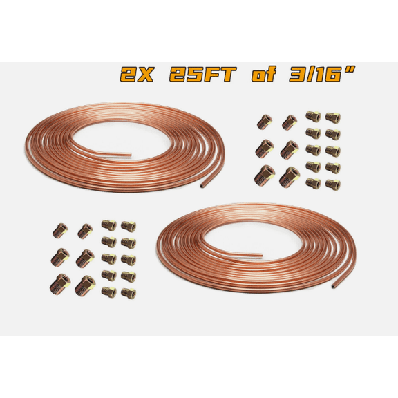 2 Pack 3/16 Inch OD Copper Nickel Brake Line Tubing Kit 25 FT Coil Roll with Assorted Fittings, Rust Resistant Automotive Brake Line Replacement