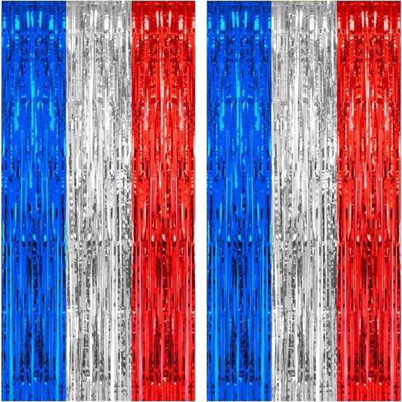 , 2 Pack 3.2 x 8.2 ft Red White and Blue Foil Fringe Backdrop Curtain, Streamer Backdrop Tinsel Curtains Photo Booth Props for Graduation Birthday Memo