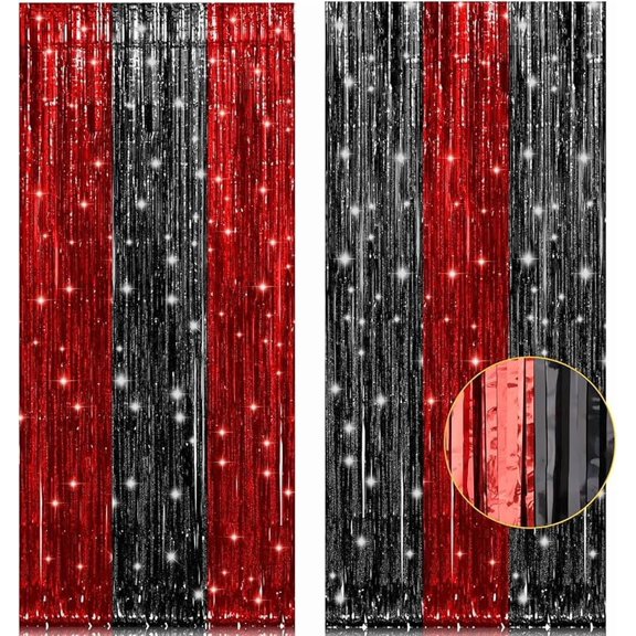 2 Pack 3.2ft x 8.2ft Black Tinsel Foil Fringe Curtains, Metallic Foil Tinsel Photo Booth Backdrop Streamer for New Years Decorations Halloween Bachelorette Birthday Holiday Celebration Party Supplies