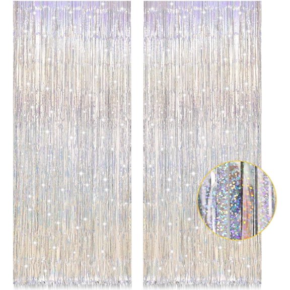 2 Pack 3.2ft x 8.2ft Silver Metallic Tinsel Foil Fringe Curtains, Door Streamer Photo Booth Backdrop for Birthday Graduation Engagement Bridal Shower Bachelorette Baby Shower Party Decorations