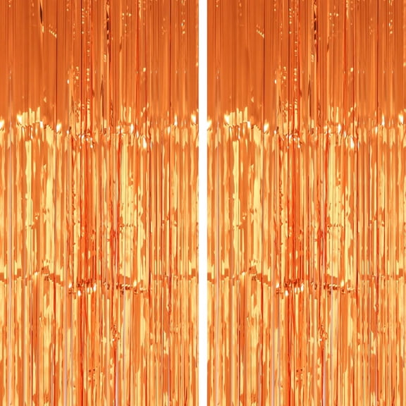 2 Pack 3.2x8.2 Feet Orange Foil Fringe Backdrop Curtains, Metallic Tinsel Photo Booth Backdrop Streamers Birthday Party Decorations, Halloween Baby Shower Disco Basketball Party Supplies