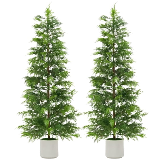 2 Pack 3/4/5/6 Ft Artificial Cedar Topiary Trees, UV Resistant Potted Faux Evergreen with White Pots for Front Porch Holiday Decor