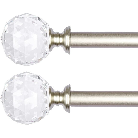 2 Pack 3/4 Inch Diameter Adjustable Curtain Metal Rod with Round Clear Acrylic Ball Finials,28 to 48 Inch