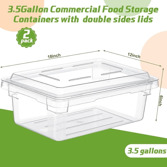 2 Pack 3.5 Gallon Polycarbonate Food Storage Box Commercial Products Food/Tote Box Storage Container with Lid Plastic, Clear, for Restaurant/Kitchen/Cafeteria