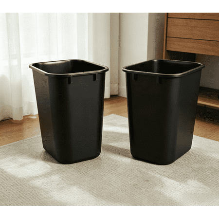 2-Pack 3.5 Gallon Wastebasket, 14 Quart Small Rectangular Trash Can for Office, Bathroom, Kitchen, Heavy-Duty Plastic Garbage Bin, Black