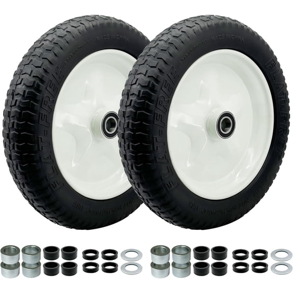 2-Pack 3.50-10 Solid Rubber Tire and Wheel Assembly with 16 Inch White Rim, Adjustable 4.3 to 7.6 Inch Hub, 3/4 Inch and 5/8 Inch Bearing Fit for Wheelbarrow Garden Cart Wagon Dolly