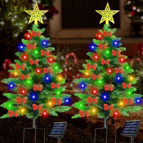 2 Pack 3.6Ft Solar Christmas Tree for Christmas Decorations Outdoor, 100 LED Xmas Tree with 36 Pcs Christmas Ornaments, Solar Pathway Lights for Garden Yard Porch Cemetery Grave Decor$$Garden & Patio