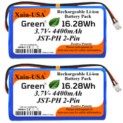 2-Pack 3.7V 4400mAh Rechargeable Li-ion Battery Pack with JST-PH2.0 2P Plug for low drain Equipment, Electronics, Toys, Lighting