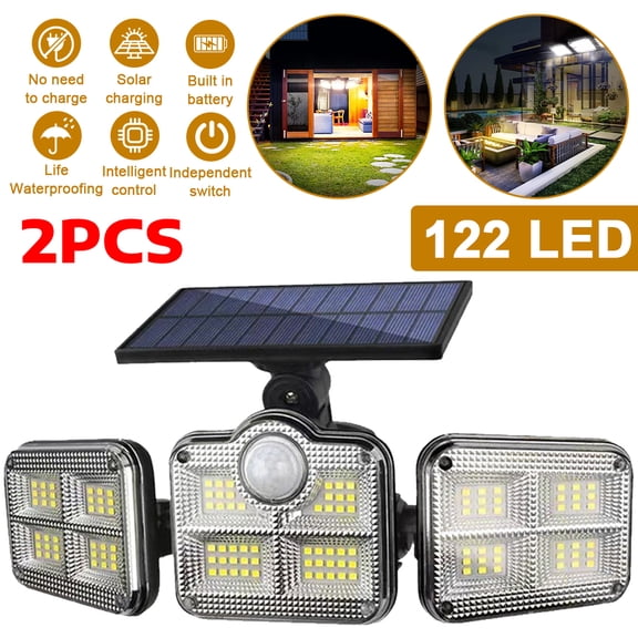 2 Pack 3 Adjustable Heads Solar Motion Sensor Lights Outdoor, 122 LED Super Bright Solar Security Light with Remote Control, IP65 Waterproof 270 Wide Angle Solar Wall Light for Garage Yard Patio