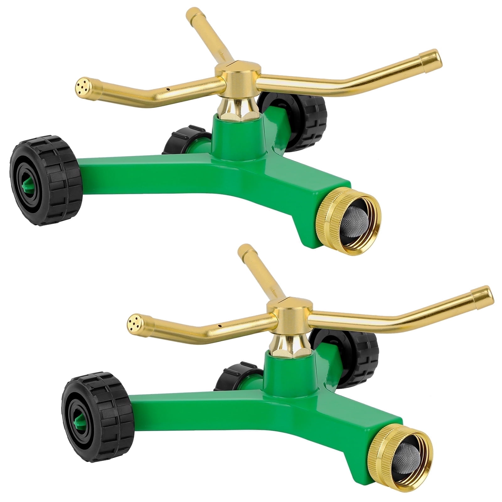 [2 Pack]  3-Arm Metal Sprinkler with Wheel Base, 360 Degree Automatic Rotary Lawn Sprinkler System for Garden Plant, Flower Bed and Yard Watering and Large Yard Area Watering - 2