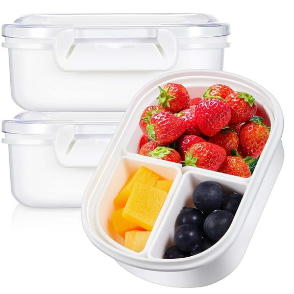 2 Pack 3 Compartment Snack Containers,Tutuviw Small Food Storage Containers,Reusable Mini Bento Lunch Box,Three Divided Snack Serving Tray with Lid for Fruit/Candy/Salad/Dip/Cookies
