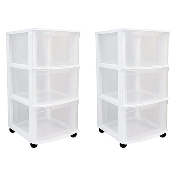2 Pack 3-Drawer Organizer Cart, Plastic Dresser with Wheels, 3 Tier Rolling Cart - Dorm Organizers and Storage Drawers, White