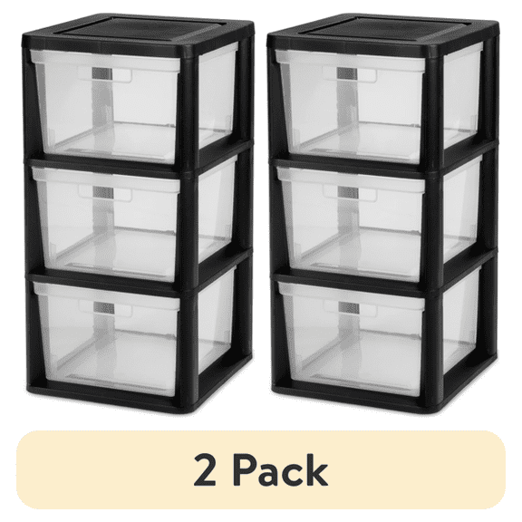 2 Pack 3-Drawer Storage Tower, Plastic Organizer with Removable Clear Drawers, Tool-Free Easy Assembly, Black