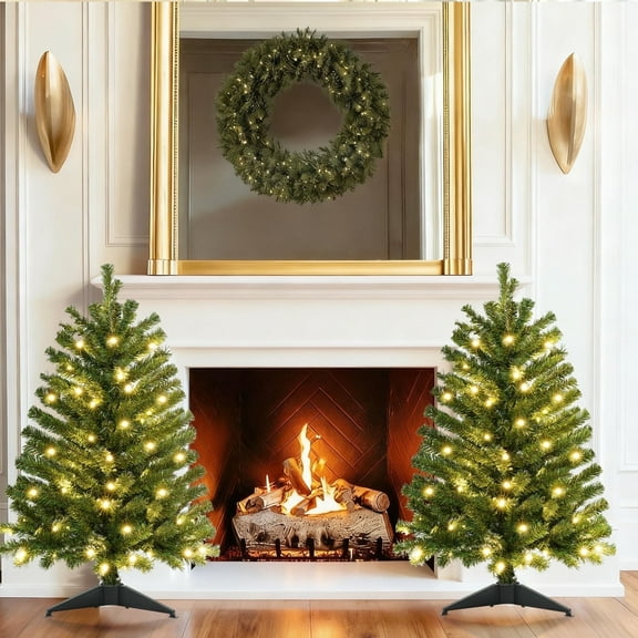 2 Pack 3 FT Pre-Lit Christmas Tree w/ 70 Lights 163 Tips, Hinged Artificial Holiday Xmas Christmas Decoration, Green