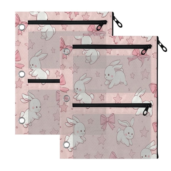 2 Pack 3 Hole Pencil Binder Pouches, Transparent Mesh Zipper Pouch, Water Resistant Heavy Duty Binder Zipper Pouches Pink Bunny Pattern