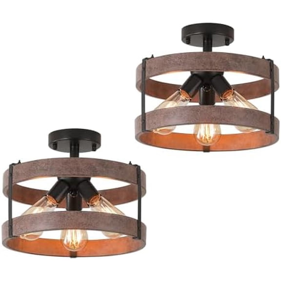 2 Pack 3-Light Rustic Farmhouse Metal Flush Mount Ceiling Light Fixture Antique Oak Round Drum Semi Flush Mount Ceiling Light for Hallway Hall Entry Bedroom Farmhouse Home, Black
