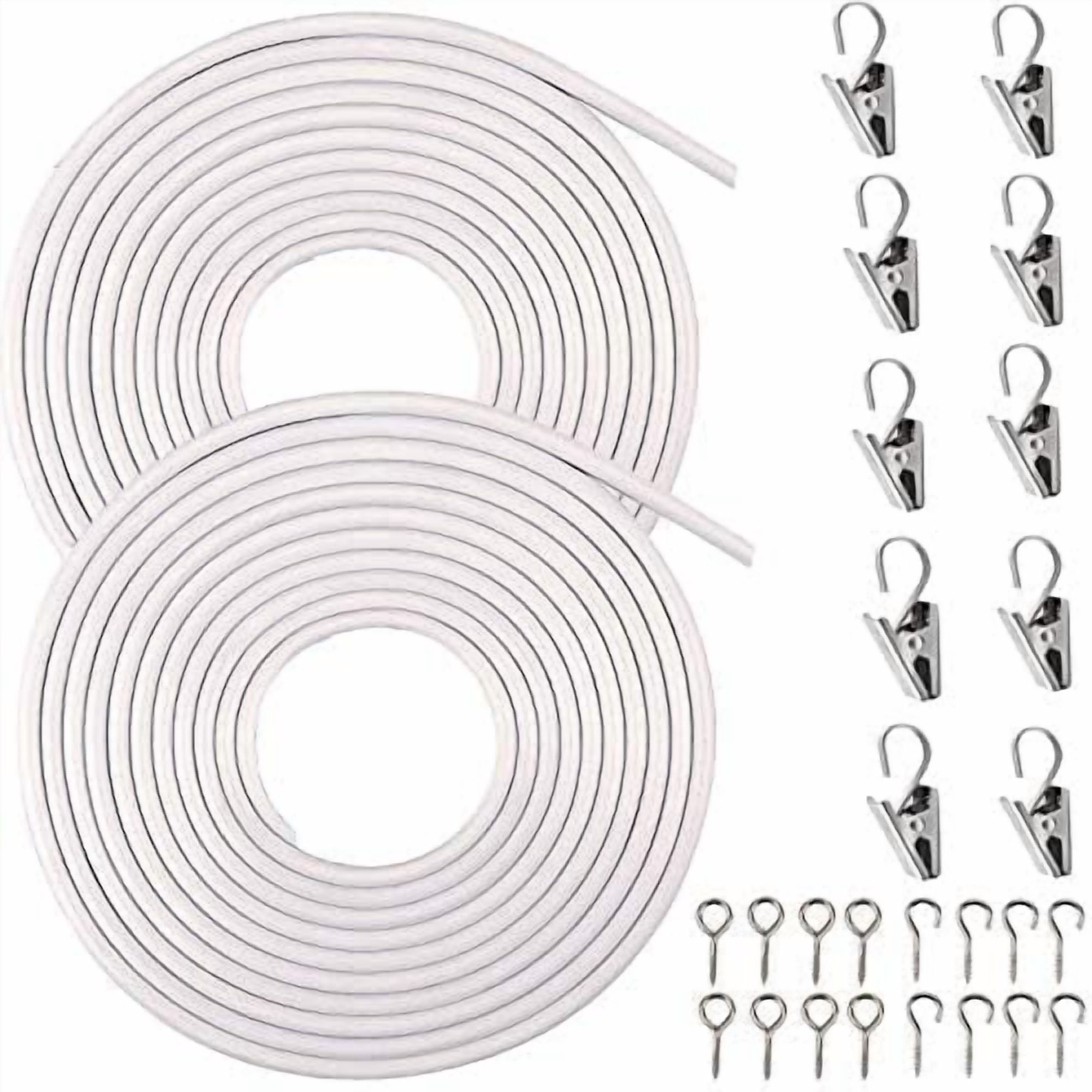 2 Pack 3-Meter White Curtain Wire Kits with 10 Stainless Steel Curtain ...