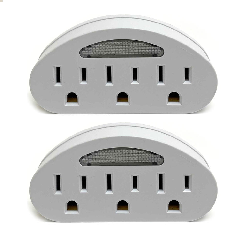2 Pack 3 Outlet Wall Plug With Sensor Night Light Grounded AC Power Tap ...