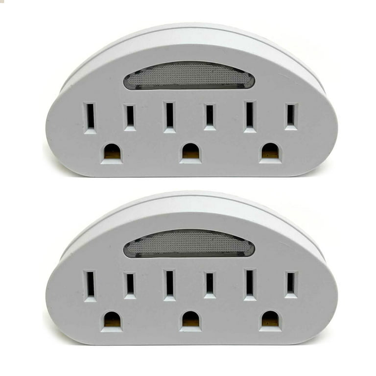 2 Pack 3 Outlet Wall Plug With Sensor Night Light Grounded AC