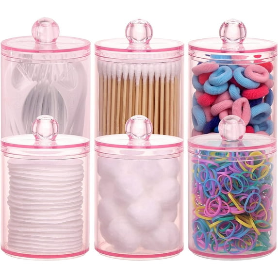 2 Pack/ 3 Pack/ 6 Pack Cotton Swab Ball Pad Holder, 10 Oz Qtip Apothecary Jar Pink Makeup Organizer, Cotton Ball Swab Pad Storage Dispenser