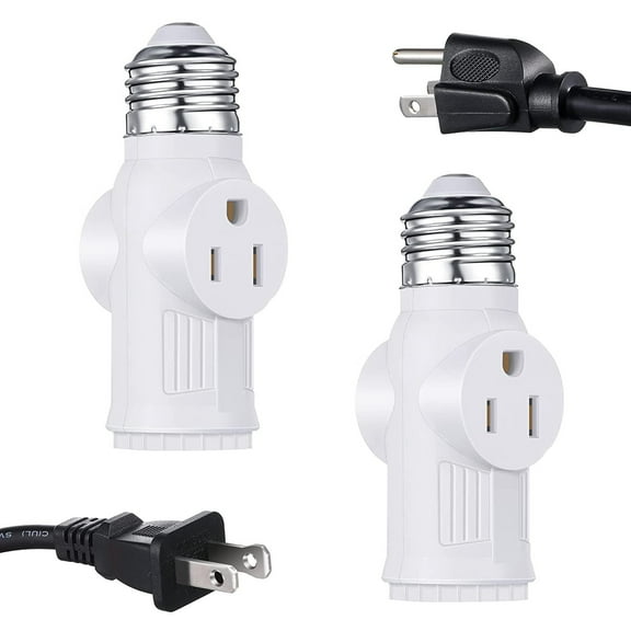 2 Pack 3 Prong Light Socket to Plug Adapter, E26/E27 Polarized Light Bulb Socket Outlet Adapter, Light Bulb Plug Socket Adapter, 3 Prong Socket Converter Outdoor for Garage Porch