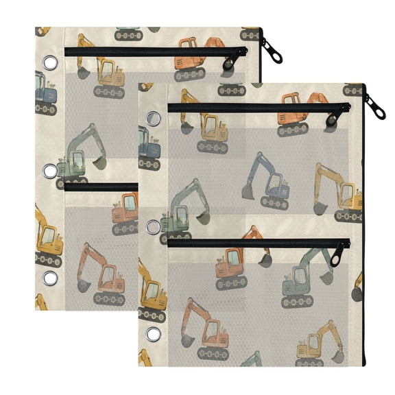 2 Pack 3-Ring Binder Pencil Pouch with Clear PVC Windows Construction Vehicle Print Large Capacity Stationery Bag for Classroom Office Supplies