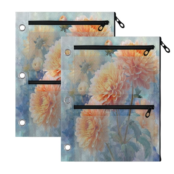 2 Pack 3-Ring Binder Pencil Pouch with Clear PVC Windows Orange Chrysanthemums Pattern Large Capacity Stationery Bag for Classroom Office Supplies