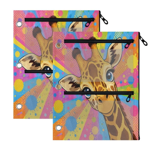 2 Pack 3-Ring Binder Pencil Pouch with Clear PVC Windows Smiling Giraffe Pop Art Large Capacity Stationery Bag for Classroom Office Supplies