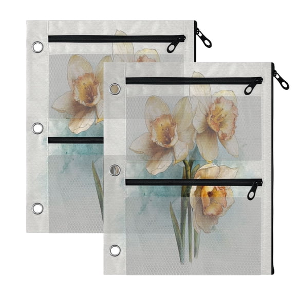 2 Pack 3-Ring Binder Pencil Pouch with Clear PVC Windows Soft Bloom Trio Pattern Large Capacity Stationery Bag for Classroom Office Supplies