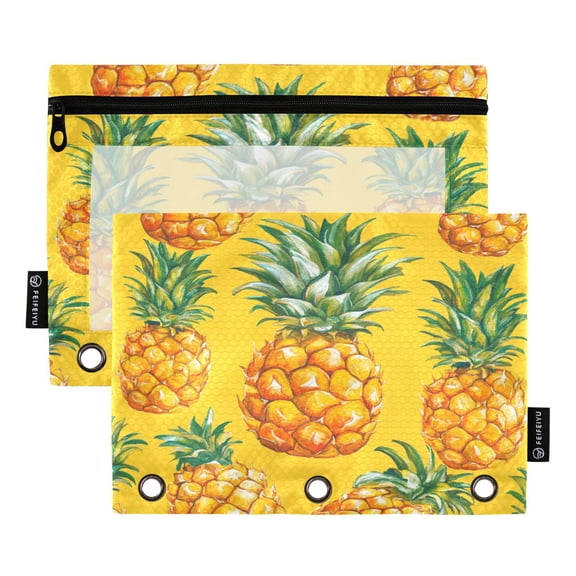 2 Pack 3 Ring Binder Pouch with Clear PVC Window Water Resistant Zipper Pencil Pouch Abstract Painting Of Pineapple Binder Pocket for Classroom Office Home Stationery Organization