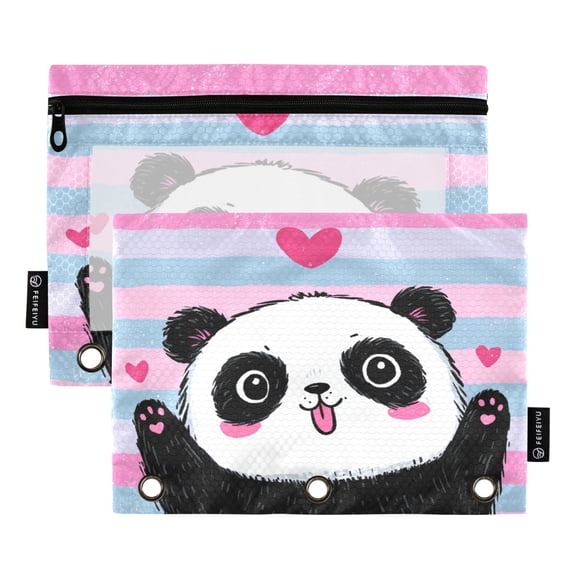 2 Pack 3 Ring Binder Pouch with Clear PVC Window Water Resistant Zipper Pencil Pouch Adorable Panda Love Design Binder Pocket for Classroom Office Home Stationery Organization