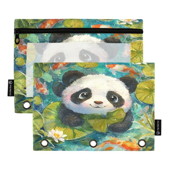 2 Pack 3 Ring Binder Pouch with Clear PVC Window Water Resistant Zipper Pencil Pouch Adorable Panda Pattern Binder Pocket for Classroom Office Home Stationery Organization