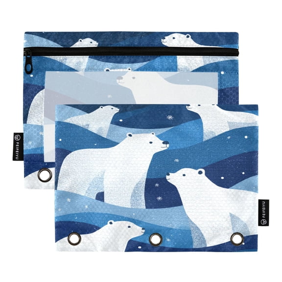 2 Pack 3 Ring Binder Pouch with Clear PVC Window Water Resistant Zipper Pencil Pouch Arctic Night Bear Art Binder Pocket for Classroom Office Home Stationery Organization