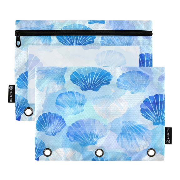 2 Pack 3 Ring Binder Pouch with Clear PVC Window Water Resistant Zipper Pencil Pouch Blue Scallop Shells Watercolor Print Binder Pocket for Classroom Office Home Stationery Organization